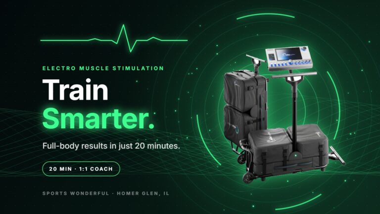 miha bodytec EMS training machine with glowing green energy pulses – EMS training in Homer Glen, IL
