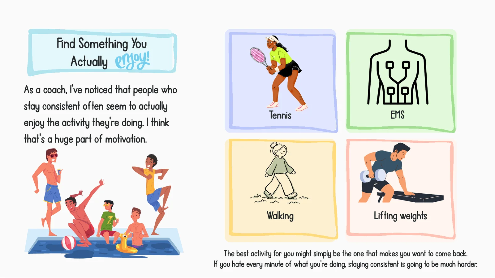 Infographic: find something you enjoy – tennis, EMS training, walking or lifting weights